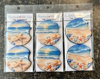 Beach shells starfish summer Nautical car coasters set 2 gift birthday friend Mother’s Day
