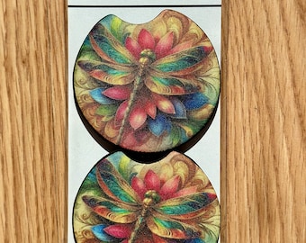 Dragonfly Neoprene (soft) car coasters set 2 gift birthday Christmas stocking stuffer colorful insect gold pink blue green