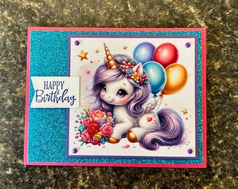 Unicorn watercolor happy birthday and any occasion cards bright and light colors fun festive glitter balloons adult young adult children