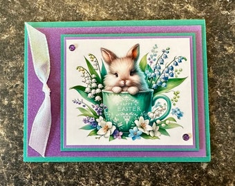 Handmade Easter Bunny Tea Cup Cards, Floral Spring Designs