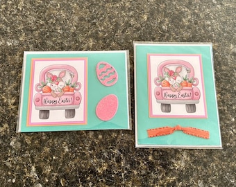 Tarjetas de camión antiguas con zanahorias y conejitos de Pascua