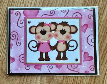 Tarjetas del día de San Valentín con monos Te amo más que a los plátanos lindo rojo blanco marrón rosa