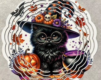 Halloween black cat wearing glasses Windspinner 8” yard decor outside decor