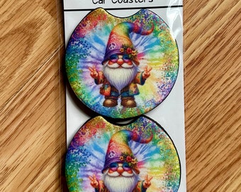 Posavasos para coche de neopreno (suave) con forma de gnomo hippie de la paz, juego de 2, regalo de cumpleaños, regalo de Navidad, regalo para él o para ella