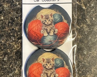Posavasos para coche de neopreno (suave) para amantes de los animales, gato con bolas de lana, juego de 2, regalo de cumpleaños, día de San Valentín, crocheter, tejedor