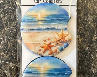 Beach shells starfish summer Nautical Neoprene (soft) car coasters set 2 gift birthday friend Mother’s Day