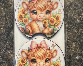 Highland cow baby sunflower butterfly Neoprene (soft) car coasters set 2 gift birthday Christmas farm country