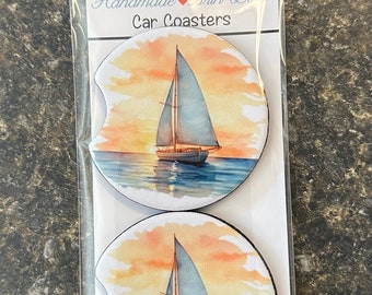 Sailboat Nautical car coasters set 2 gift birthday friend Mother’s Day