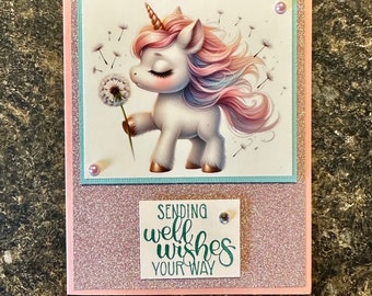 Unicornio acuarela enviando buenos deseos para ti tarjetas colores pastel verde azul rosa morado brillo corazones dientes de león adultos o niños
