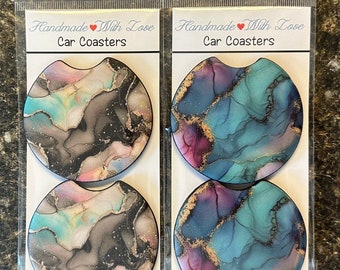 Colorful Alcohol ink car coasters set 2 gift birthday Mother’s Day blue black pink purple teal grey mauve artistic colorful unique
