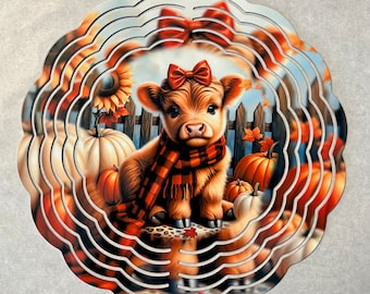 Otoño, otoño, vaca de las tierras altas, hojas, niña, calabazas, girasoles, molinillos de viento, decoración de jardín de 8 pulgadas, decoración exterior, arte de jardín, regalo o para usted mismo