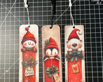 Christmas bookmarks set of 3 stocking stuffer gift reader read reindeer snowman elf penguin