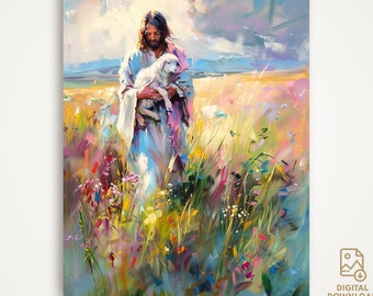 Jesus Holding Lamb Digital Download - Printable Wall Art - Christian Print - Jesus Leaves the 99 - Lost Sheep Art - Religious Digital Art