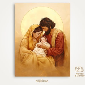 Birth of Jesus Printed Poster - Holy Family Wall Art - Cute Nativity Scene Poster Painting Print - Christian Home Decor