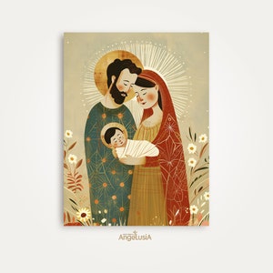 Holy Family Printed Poster - Mary and Baby Jesus with St. Joseph, Modern Catholic Art Decor, Nativity Scene Wall Art, Religious Print