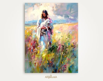 Jesus Holding Lamb Art Printed Poster, He Left The 99 Painting, Christian Art of Good Shepherd, Bible Verse Artwork, Christ Lamb Picture