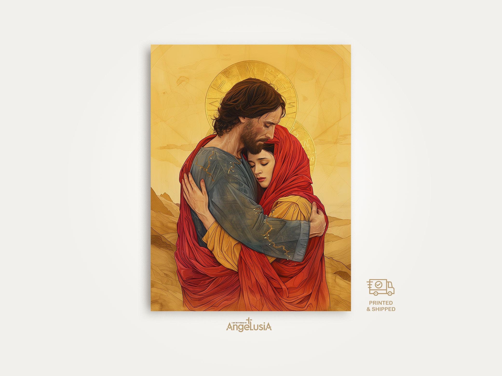 Christ Embracing Mary Magdalene Art Print, Modern Maria Magdalena Poster, Sacred Encounter Artwork, St Mary Magdalene with Jesus Picture