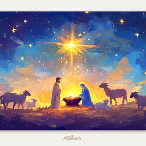Holy Family Art Print - Jesus Birth Poster - Nativity Scene Wall Art for Christian Home Decor - Jesus Birth Painting Picture