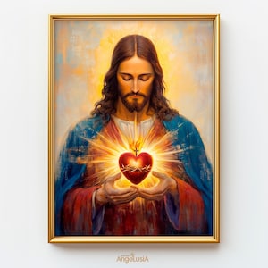 Sacred Heart of Jesus Painting | Jesus Portrait Art Print | Christian Wall Decor | Catholic Art | Jesus Oil Painting | Sacred Heart image