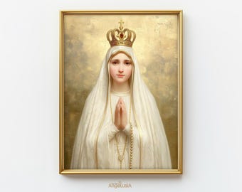 May include: A framed painting of a woman wearing a white veil and a gold crown with a red jewel. She is holding her hands together in prayer and has a string of beads around her neck.