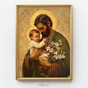 Saint Joseph with Jesus Printed Poster / Christian Wall Art / St Joseph Art / Baby Jesus Picture / St Joseph Icon / St Joseph and Jesus