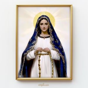 May include: A painting of the Virgin Mary wearing a blue robe with gold trim, holding a rosary in her hands. She is wearing a white dress and has a halo above her head.