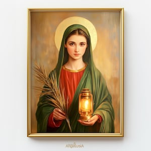 May include: A painting of a woman in a green robe and red dress holding a lantern. She has a halo above her head and is surrounded by a golden light. The background is a light brown color.