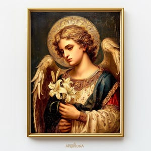 May include: A framed painting of an angel holding white lilies. The angel has golden hair, a halo, and large feathered wings. The artwork features a dark background and is framed in gold.