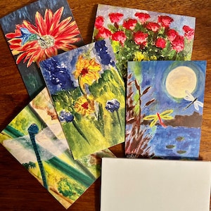 Cartes de correspondance 3 x 5, peinture originale, lot de 5 cartes avec enveloppes.
