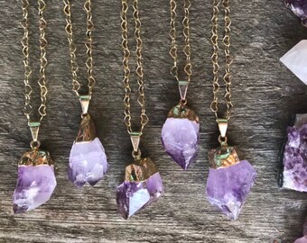 Raw gold dipped Amethyst - 30&quot; long chain - purple - gold plated - witchy jewelry - witch boho fashion