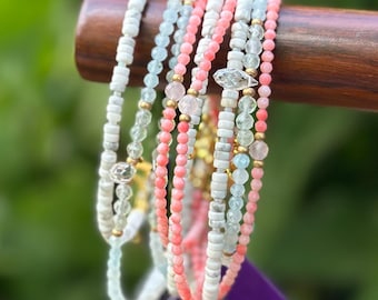 Beaded Gemstone anklet, Aquamarine, Labradorite, drop, Earthy natural, dainty, vacation holiday jewelry, beachy, clear blue soft grey