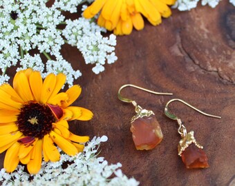 Earrings - Gold dipped Raw Carnelian Stone - Bohemian Boho Style - Orange Metal - Gemstone Crystal, Gold filled hooks, Sacral chakra