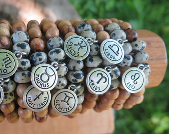 Choose your Astrological Sign - Essential Oil Diffuser Bracelet - Silver Zodiac  Astrology Mystical - Neutral Wood Brown Black Lava Stretch