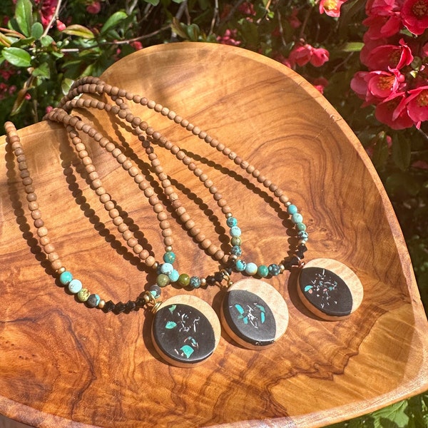 Earthy crescent moon necklace, Handmade wooden pendant, with Turquoise black and Sandalwood, Boho Witchy yogi, Celestial