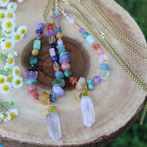 Rainbow Stone Necklace with chunky curb chain, raw Clear Quartz - Long Crystal Wood Gemstone Jewelry - Chakra Gift for Her, eclectic witch