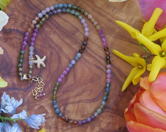 beaded choker Canadian gemstone jewelry Colorful Tourmaline necklace with brown Agate and Copper