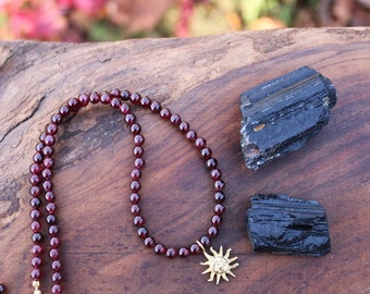 Garnet and Sun necklace, Stone Gemstone, Witchy gift, January birthstone, Red Stone Choker, Celestial gift, beaded jewelry