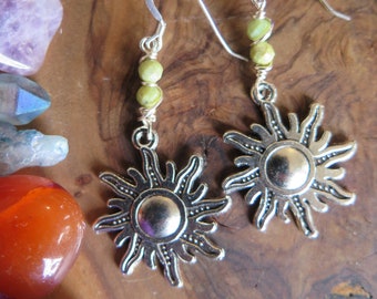 Sun earrings - green Turquoise stone - chartreuse - sterling silver ear hooks - crystal celestial