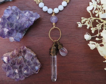 Witchy Moonstone and Butterfly raw Clear Quartz necklace, with Fluorite, White Purple Gemstone, Gold Chain, long style