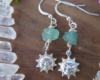 Sterling Silver Sun Earrings, raw blue Apatite stone,  shiny witchy celestial jewelry gemstone crystal  boho luxe, solstice crystal