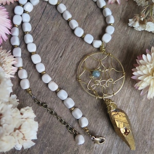 Sale - Dreamcatcher Inspired Necklace - White and Gold Stone with a Raw Blue Appatite Pop -  Short Style Brass Chain - Jade - Gold Dream