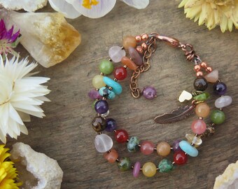 Kids or Tiny Wrist - Sale - Rainbow Colorful Stone Double Bracelet - Crystal Feather Heart - Copper Bohemian Free Spirited Jewelry