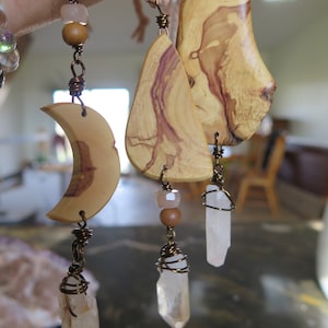 Essential Oil Diffuser for Car, Braided Wood charm, Raw Clear Quartz Crystal, Sunstone pink, braided Hanging Crystal, Anti Anxiety Gift moon