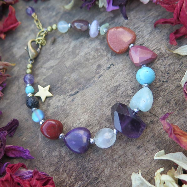 Chunky Stone Bracelet - Star Mystical - Mixed Eclectic Gemstones Amethyst - Adjustable Purple Bohemian Jewelry Gypsy - Funky Beaded Armcandy