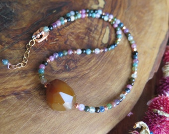 beaded choker Canadian gemstone jewelry Colorful Tourmaline necklace with brown Agate and Copper