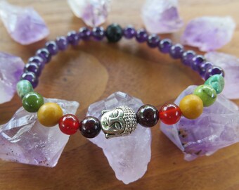 Rainbow Buddha Diffuser Bracelet - Stone Amethyst - Stretchy Gemstone Bracelet - Lava - Diffusing Aromatherapy Jewelry