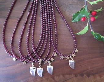 Garnet Star and Rose Quartz Necklace - gift for her - Brass Celestial Star , Red Gemstone Crystal, January birthstone, Witchy gift