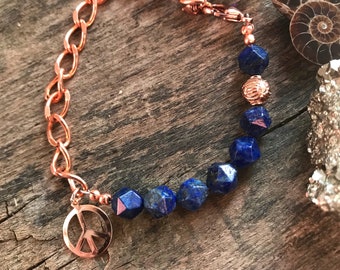 Sale - Gemstone peace sign bracelet - Lapis Lazuli & Copper - chunky chain faceted geometric - Midnight Blue - Bohemian witchy Jewelry