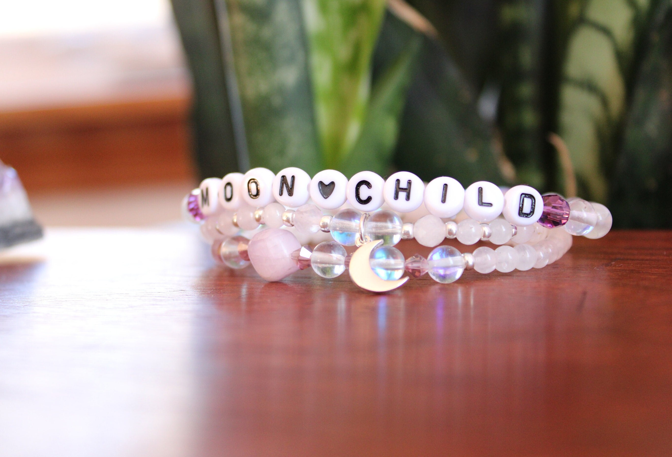 Moon Child Gemstone Bracelet Set, Amethyst and Rose Quartz, Stack