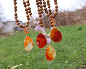Long beaded wood & gemstone necklace, Sandalwood, Carnelian pendant, Amethyst, Essential oil diffuser, Purple Orange Gold, witchy  jewelry